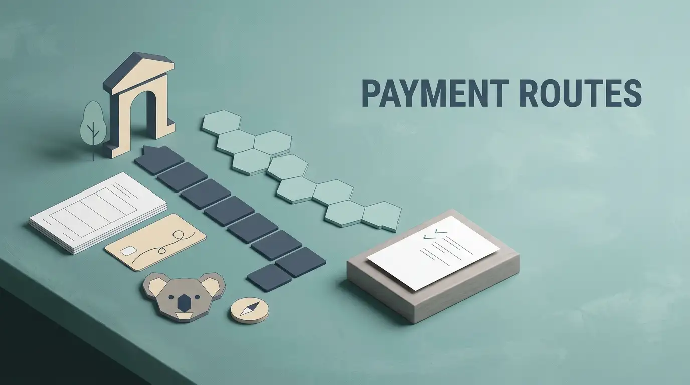 Abstract payment-flow illustration with unbranded bank symbol and checklist