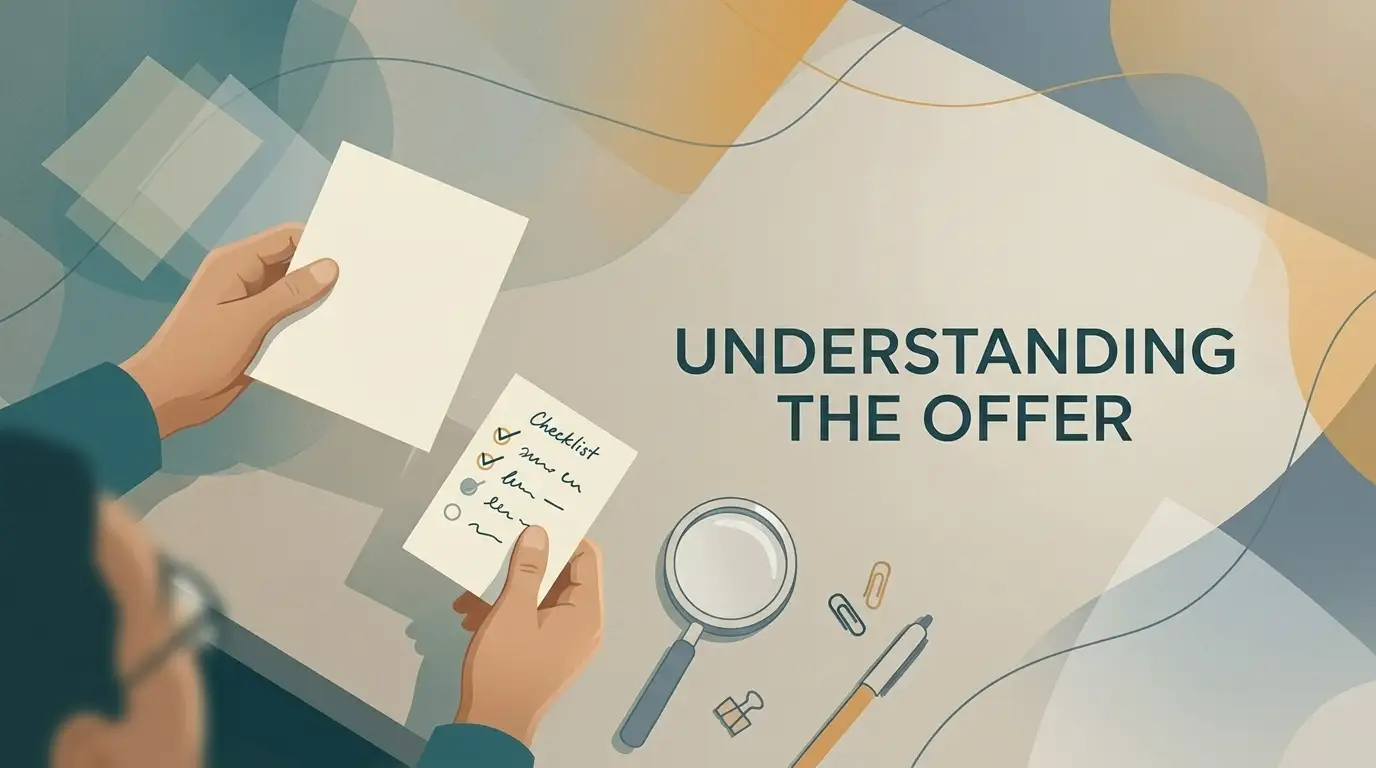 Abstract editorial illustration of an offer checklist and unbranded tokens